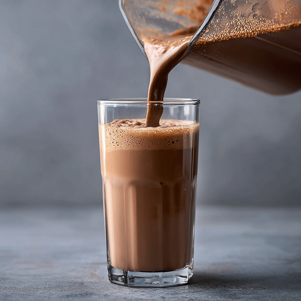 Blending and pouring vegan chocolate milkshake into a glass