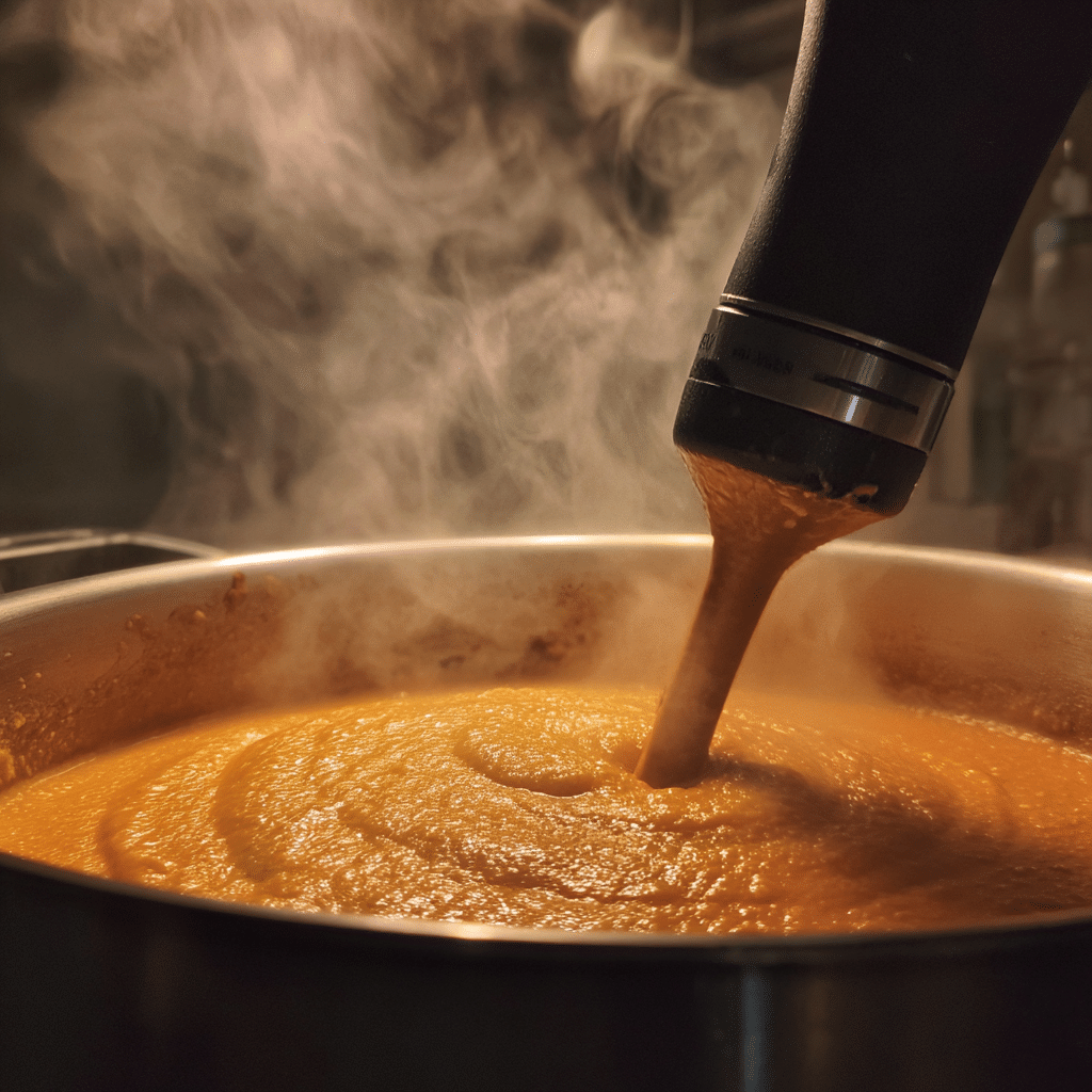 Blending spiced carrot coconut soup in pot with immersion blender