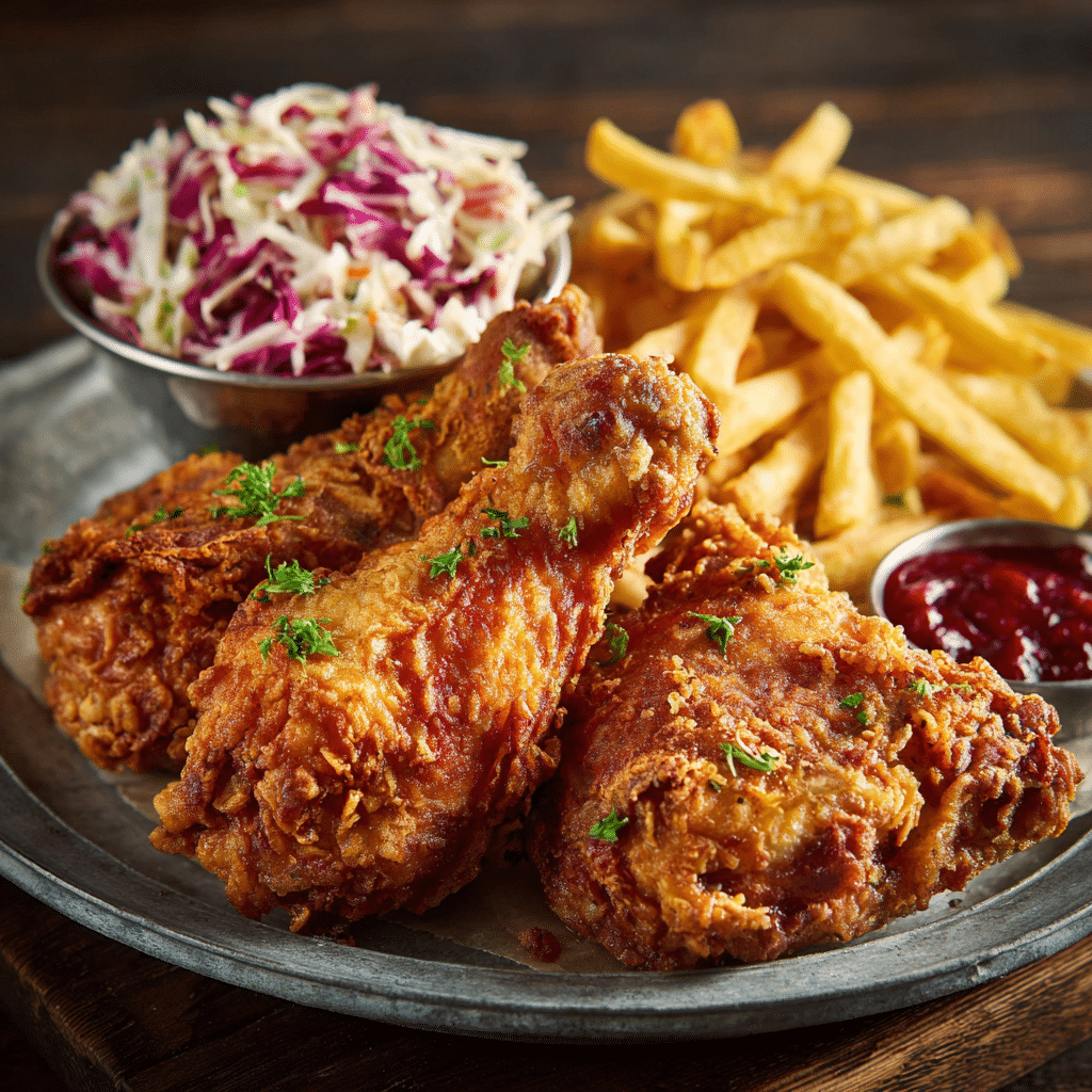 broasted chicken recipe served with coleslaw and fries