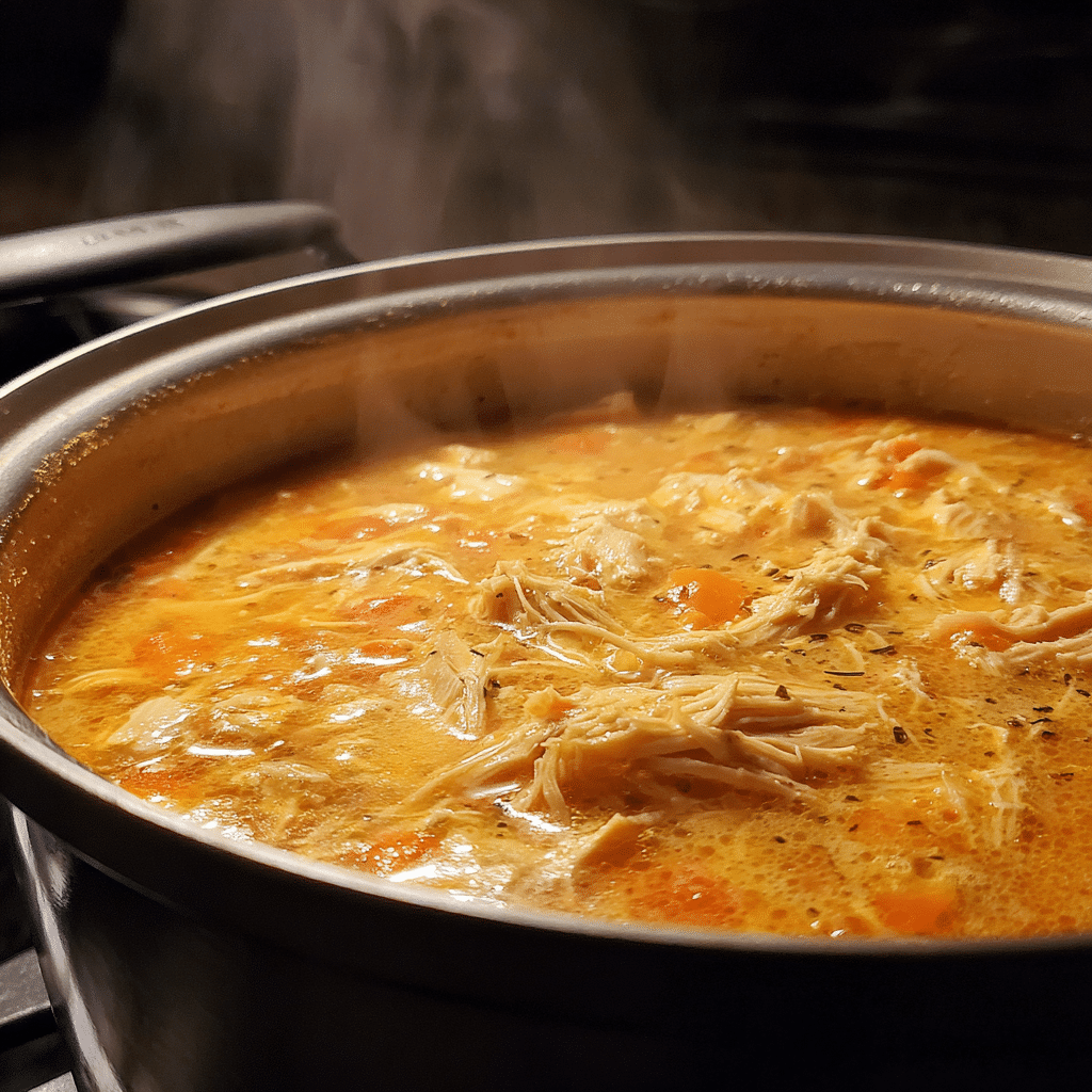 Cooking buffalo chicken soup simmering in pot