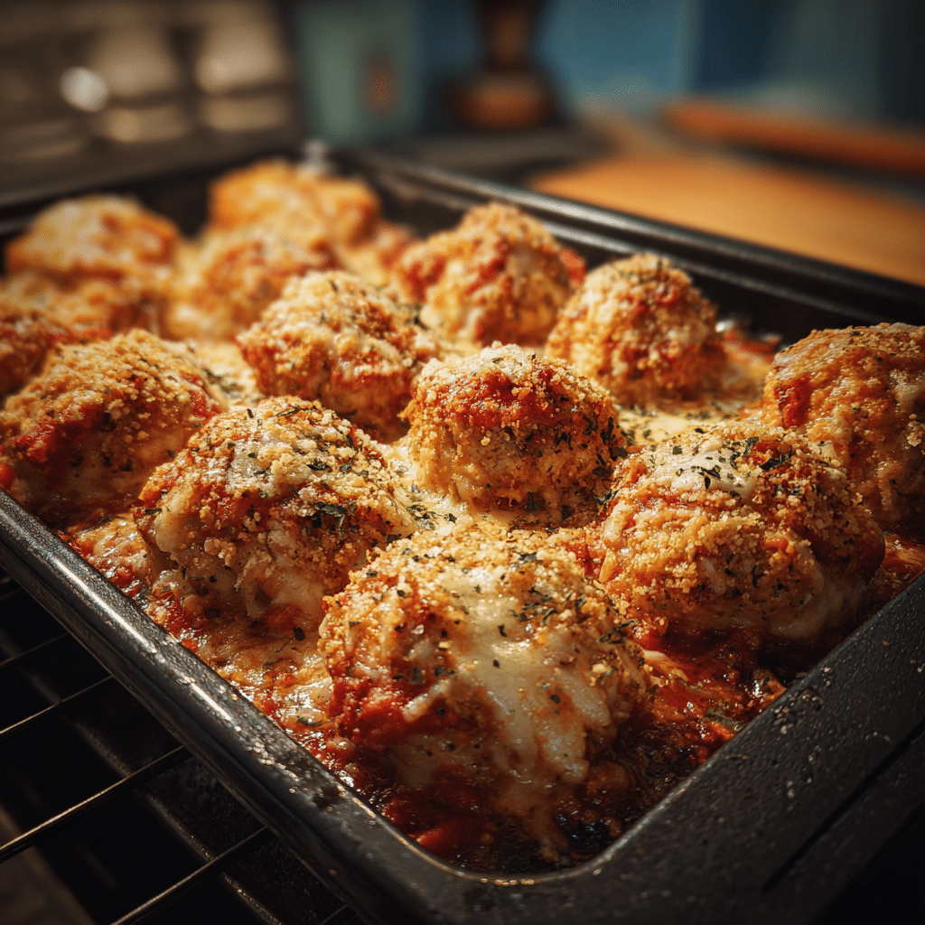 Chicken Parmesan Meatballs baking on tray in oven