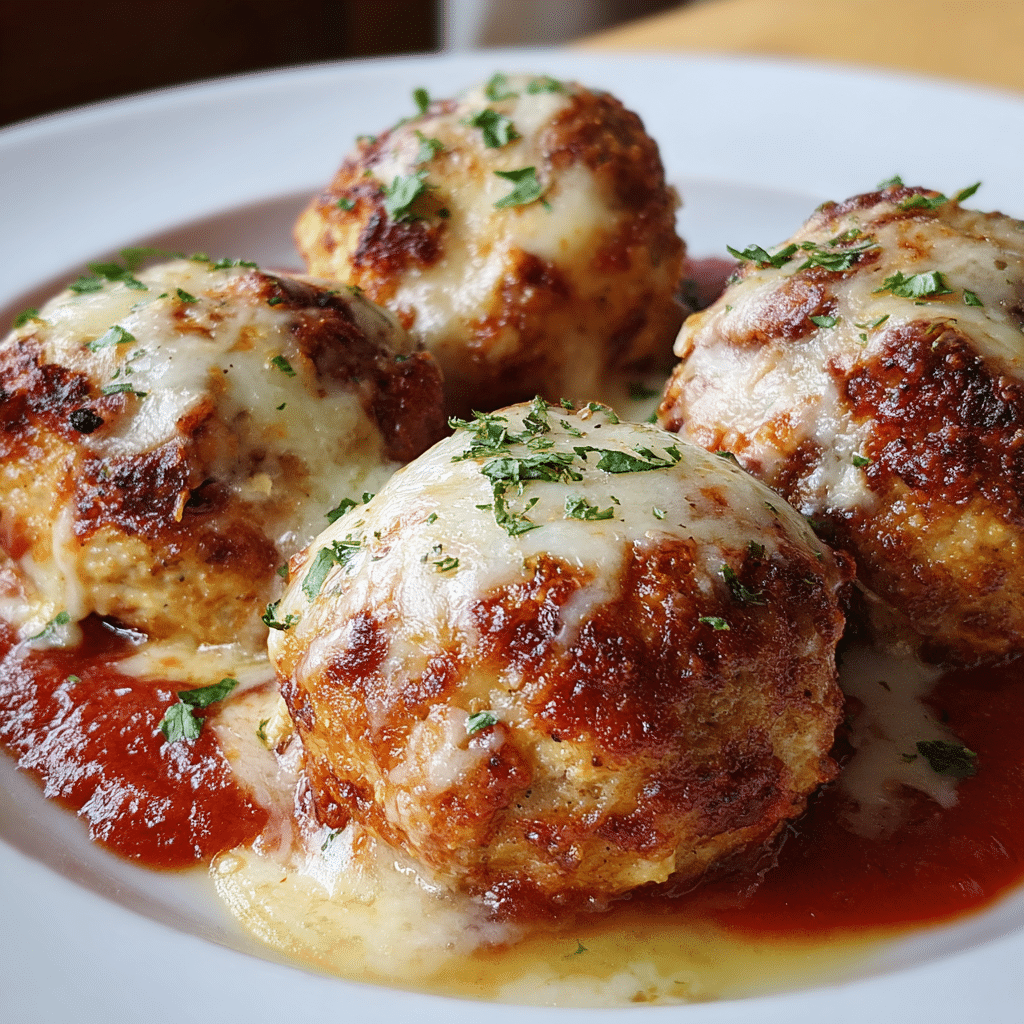 Chicken Parmesan Meatballs served with marinara and melted mozzarella