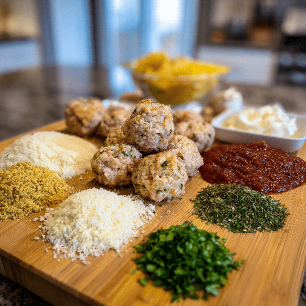 Chicken Parmesan Meatballs ingredients displayed on a wooden table