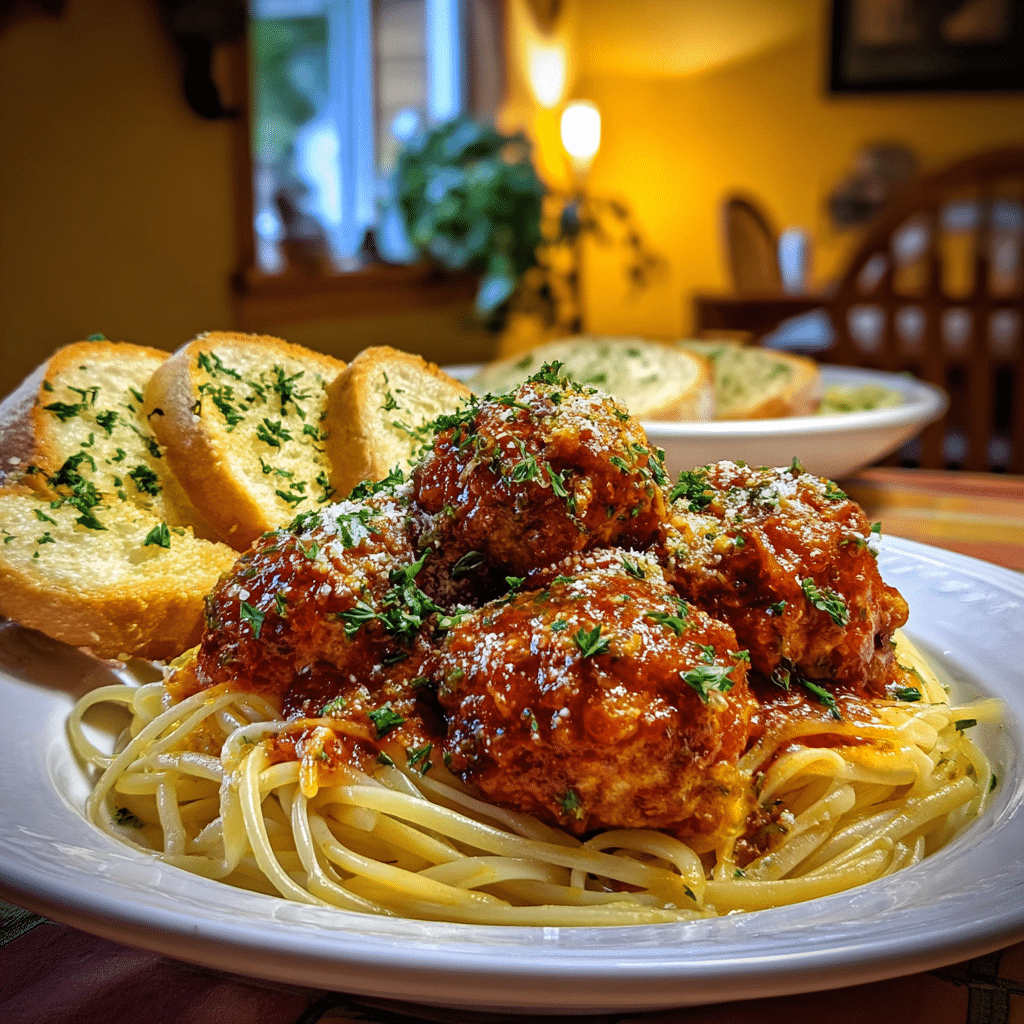 Chicken Parmesan Meatballs served with spaghetti and garlic bread