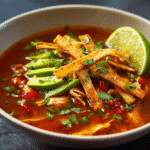 Chicken Tortilla Soup Recipe in a bowl with tortilla strips and avocado