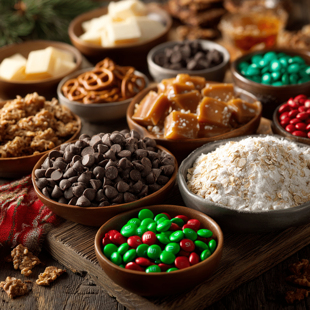 Ingredients for Christmas Kitchen Sink Cookies with chocolate, pretzels, and candies