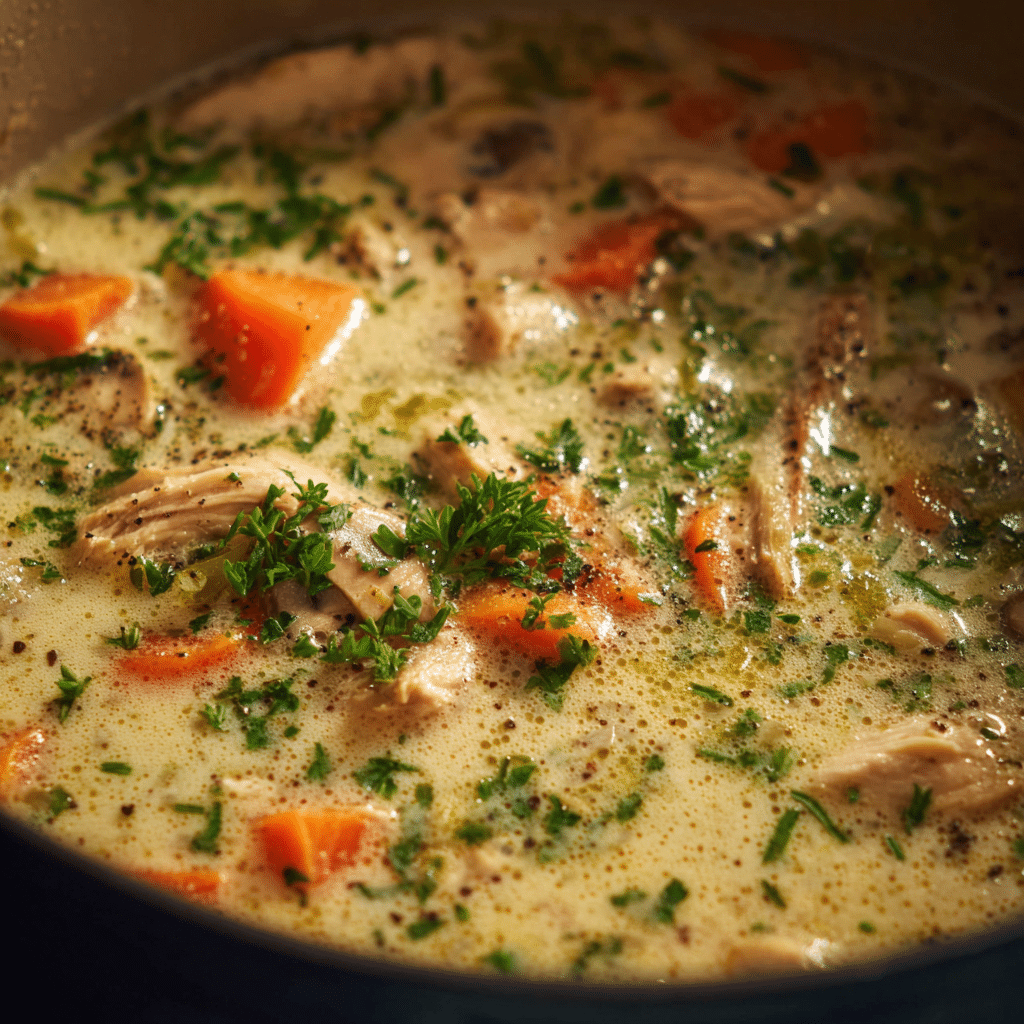 Creamy turkey soup simmering in pot