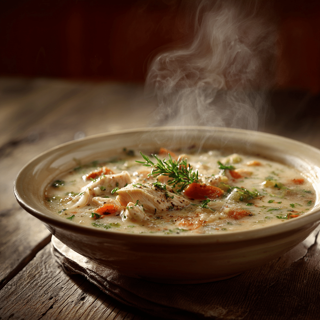 Creamy turkey soup recipe served warm with herbs