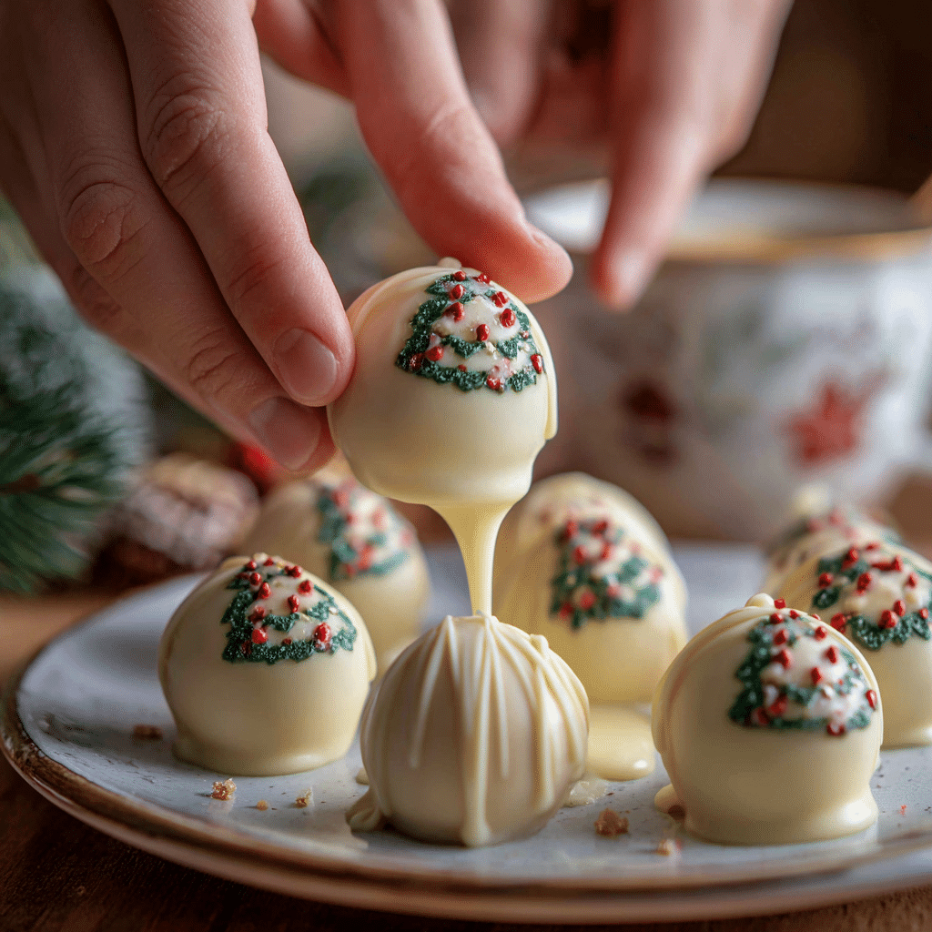dipping christmas tree cake truffles recipe in white chocolate