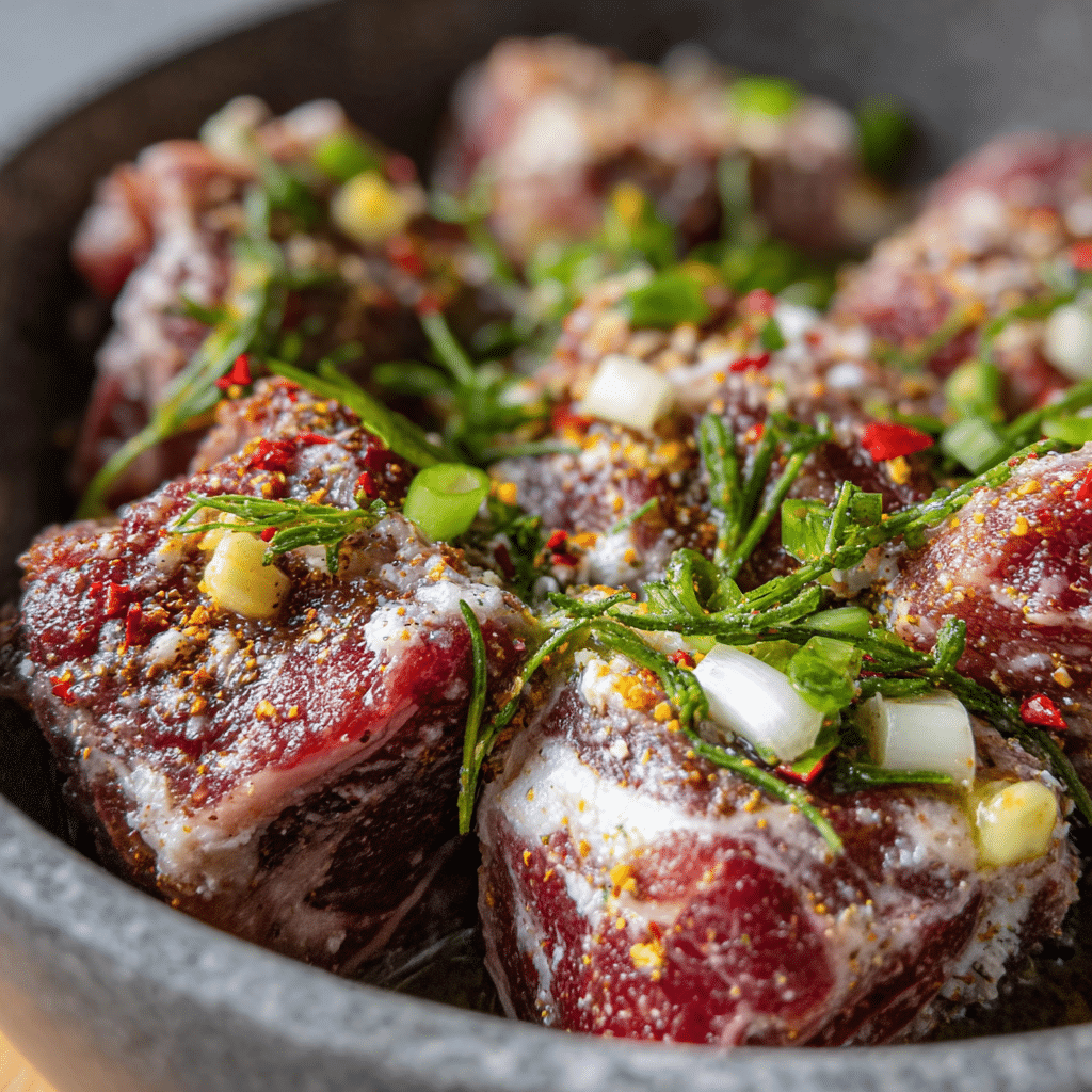 marinating oxtail in spice and coconut milk