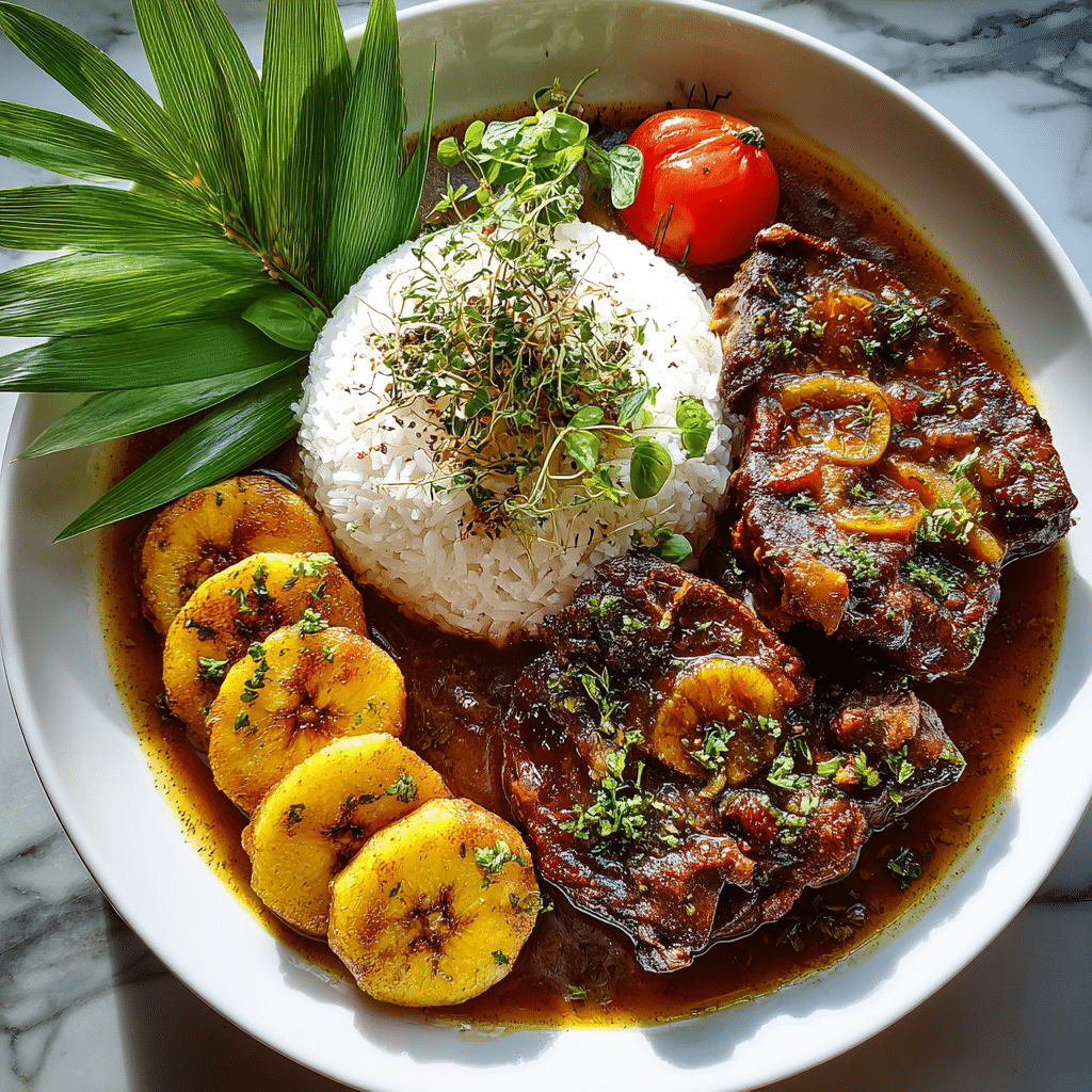 served peppered oxtail with coconut milk and rice