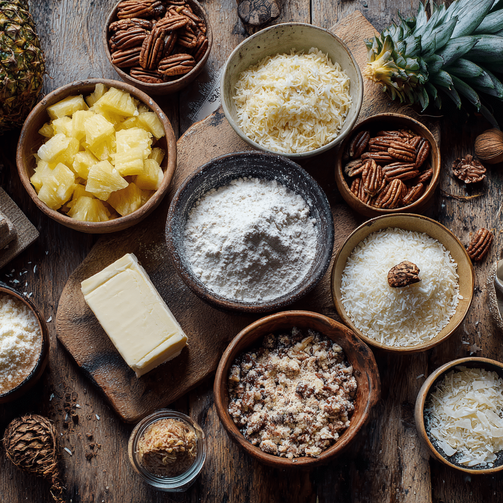 Pineapple Christmas Balls ingredients on a wooden counter