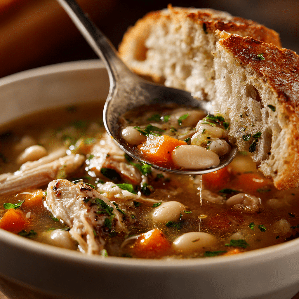 serving chicken and white bean soup with bread