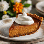 Slice of sweet potato pie with gingersnap crust and whipped cream