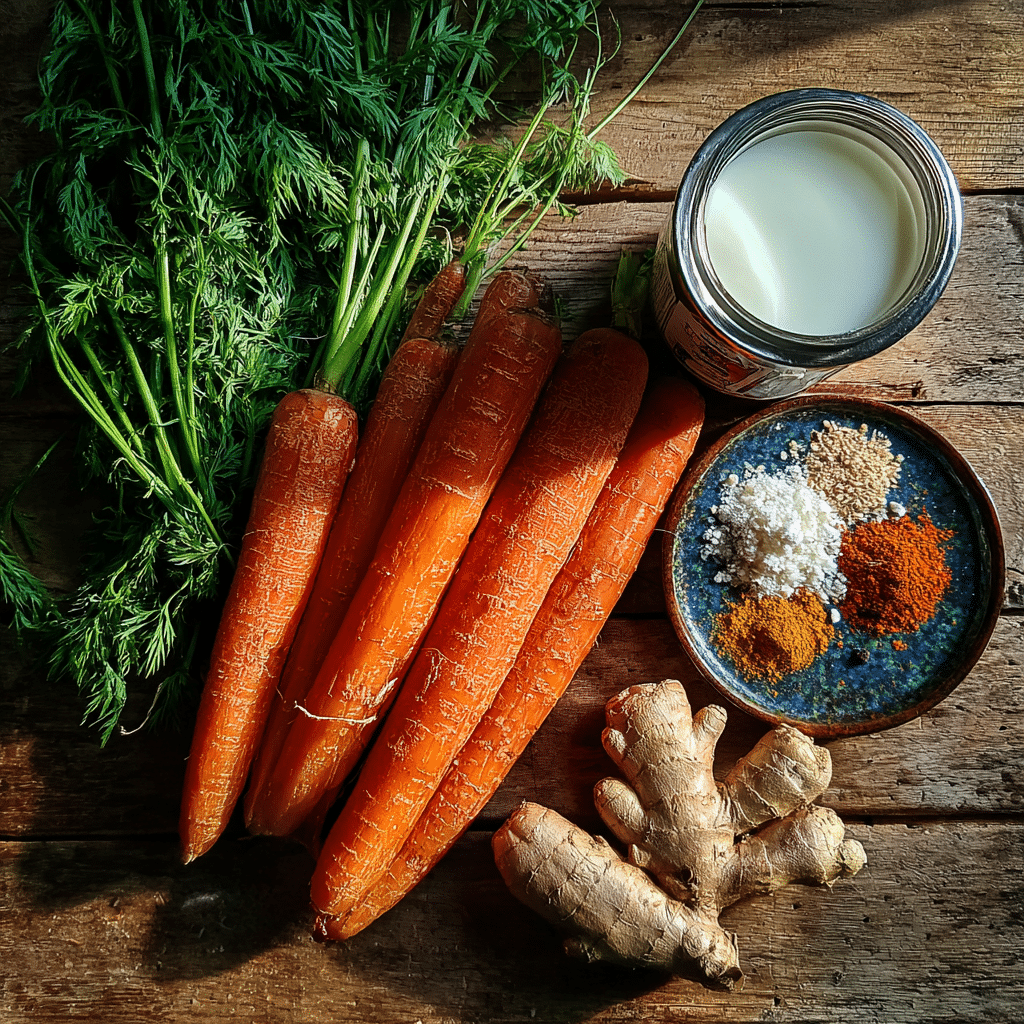 Ingredients for spiced carrot coconut soup with carrots, ginger, and coconut milk