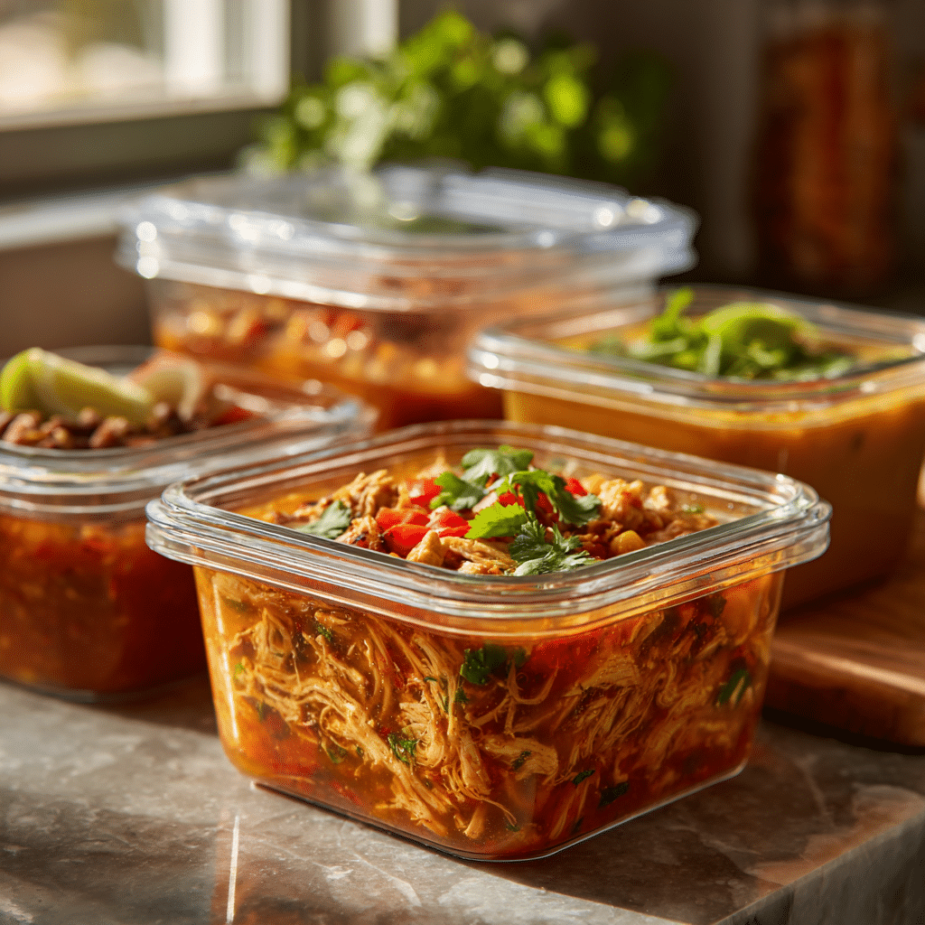 Chicken tortilla soup stored in containers