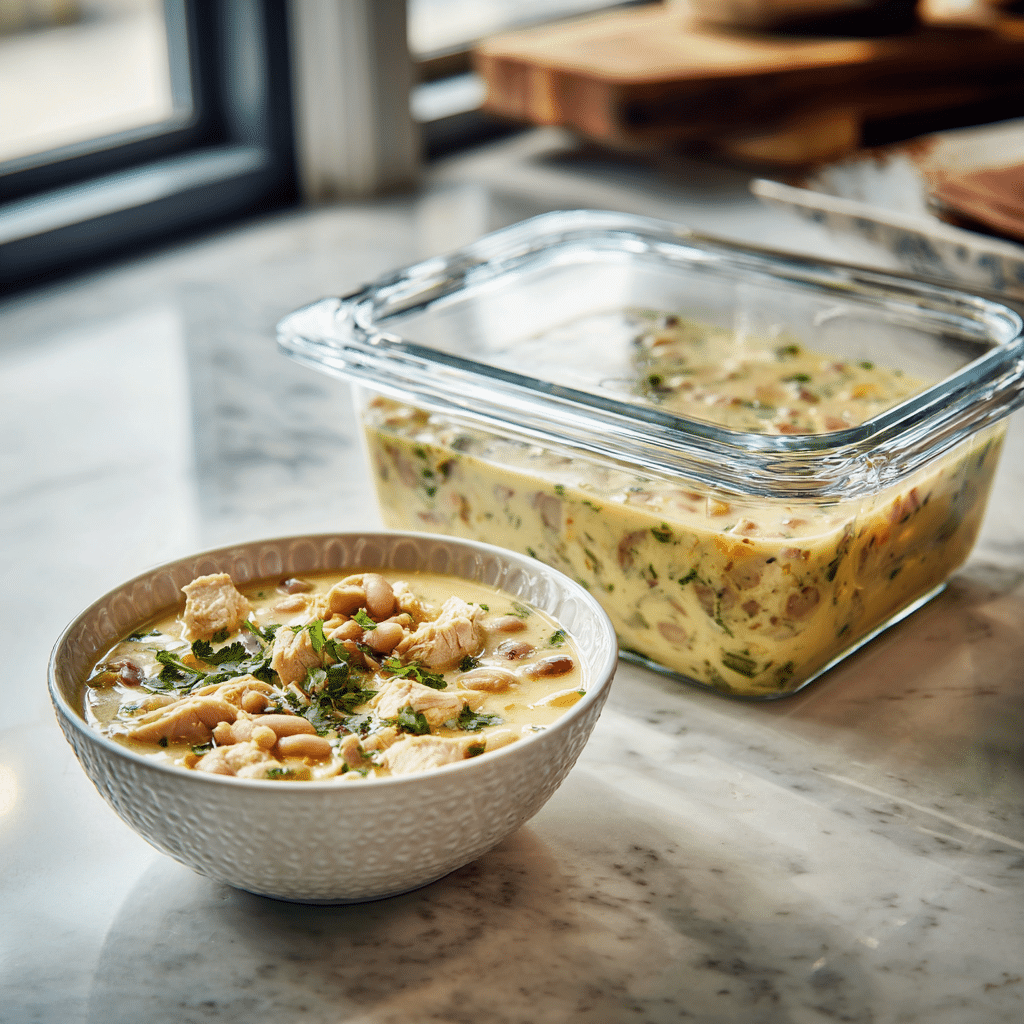 storing creamy white chicken chili leftovers in glass containers