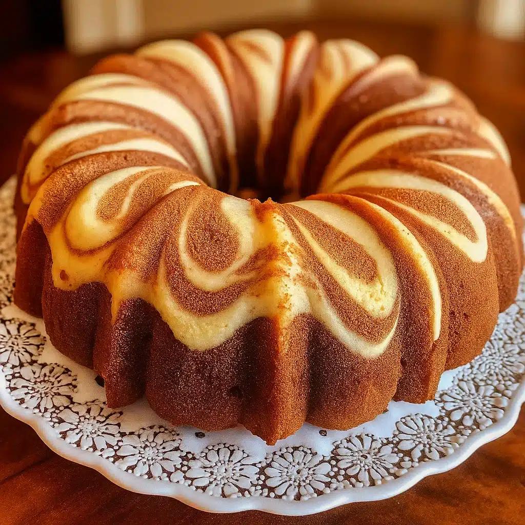 Cinnamon Swirl Bundt Cake freshly baked on wooden table