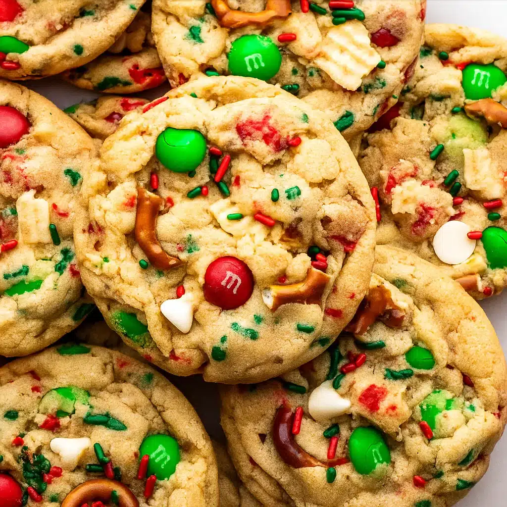 Freshly baked Christmas Kitchen Sink Cookies with chocolate chips, pretzels, and red and green candies on a holiday tray
