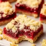 Christmas Cherry Bars with cherry filling and powdered sugar on a festive table