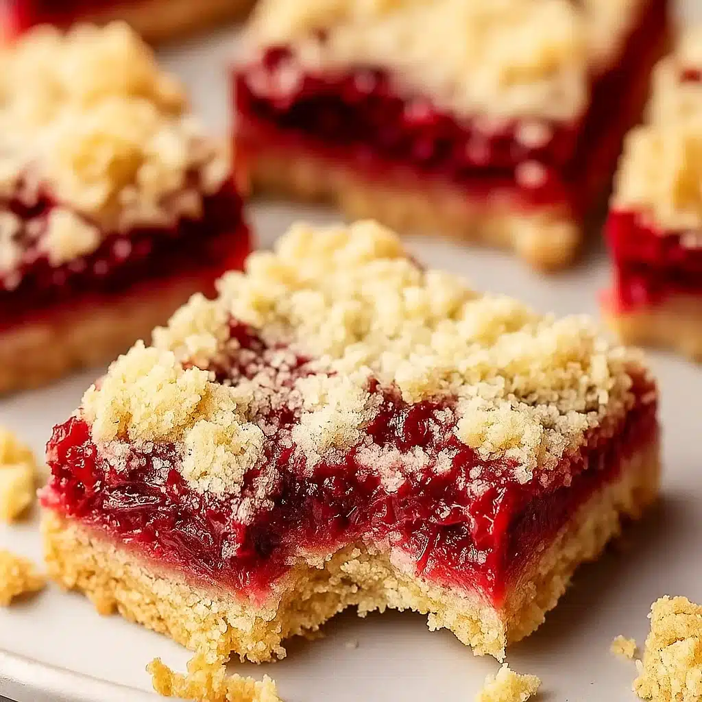 Christmas Cherry Bars with cherry filling and powdered sugar on a festive table