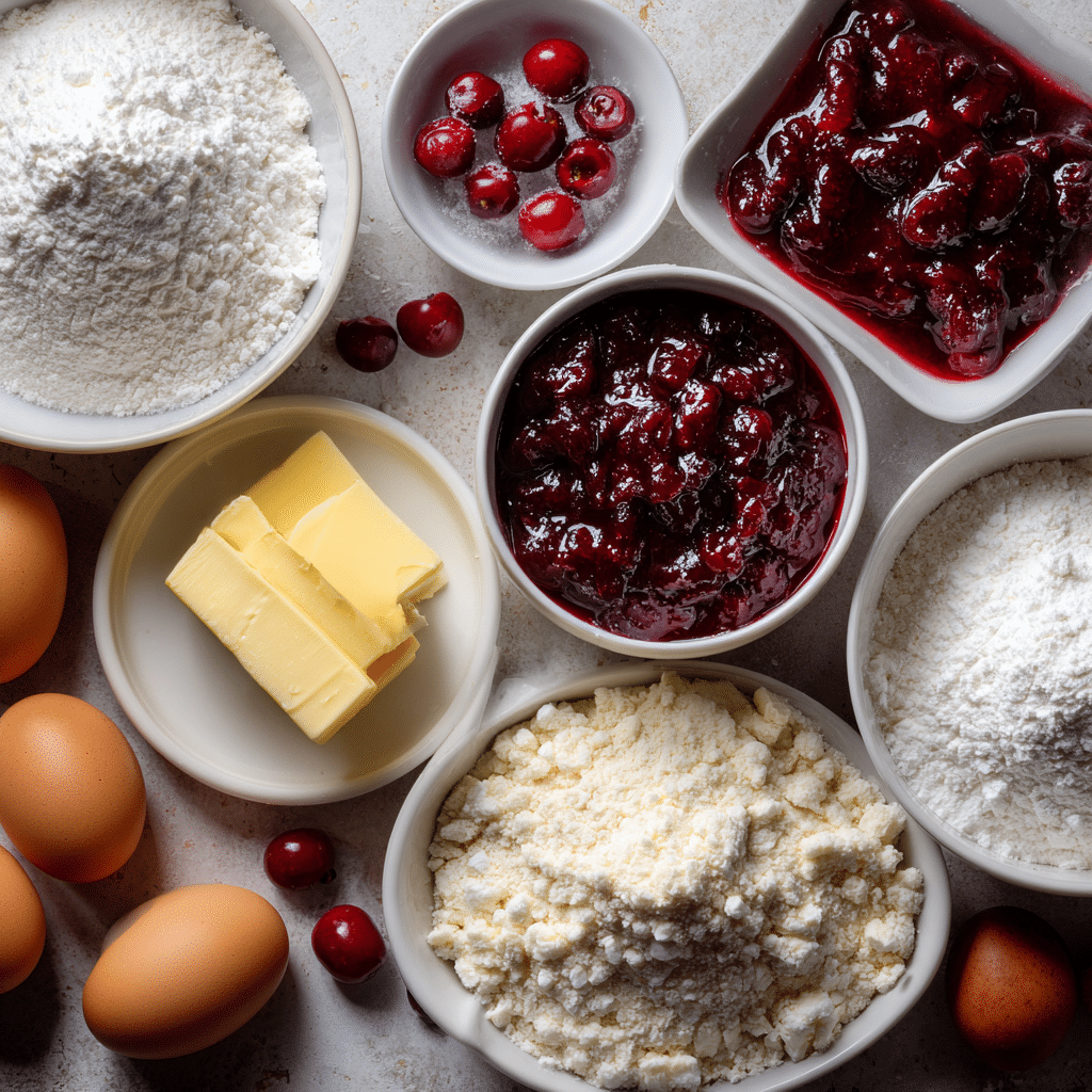 Ingredients for Christmas Cherry Bars on a kitchen counter