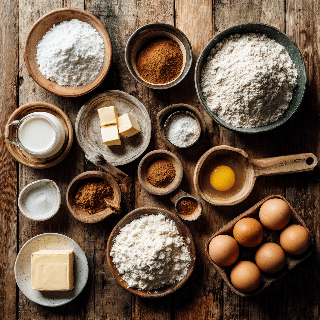 Ingredients for Cinnamon Swirl Bundt Cake arranged on a kitchen counter