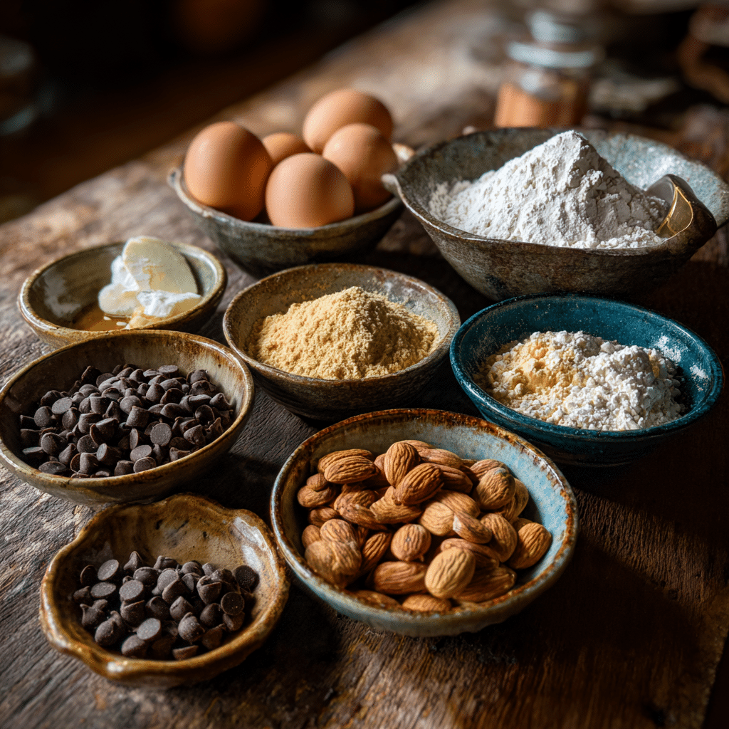 close-up of Italian cookie ingredients including flour, almonds, butter, and eggs