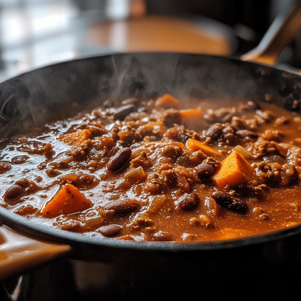 Sweet Potato & Black Bean Chili cooking in pot