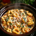 Crockpot Creamy Tortellini in rich cream sauce with spinach and cheese, close-up comfort food photo