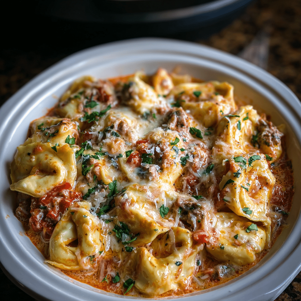 Crockpot Creamy Tortellini in rich cream sauce with spinach and cheese