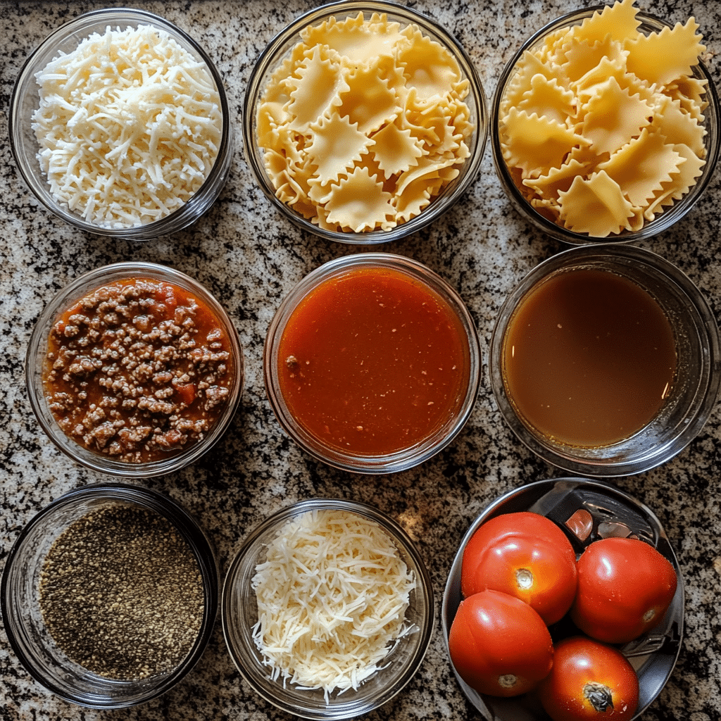 Ingredients for crockpot lasagna soup arranged on kitchen counter