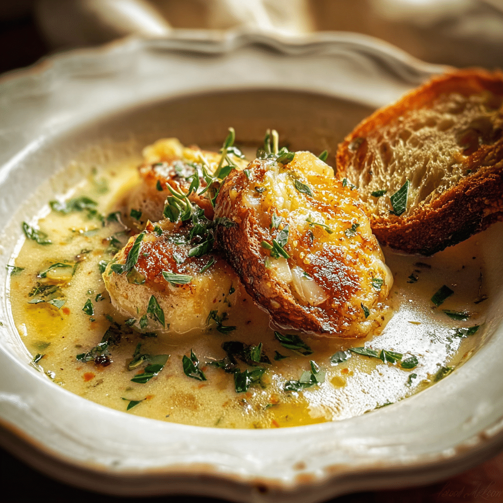 Bowl of homemade French Garlic Soup with toasted bread and fresh herbs