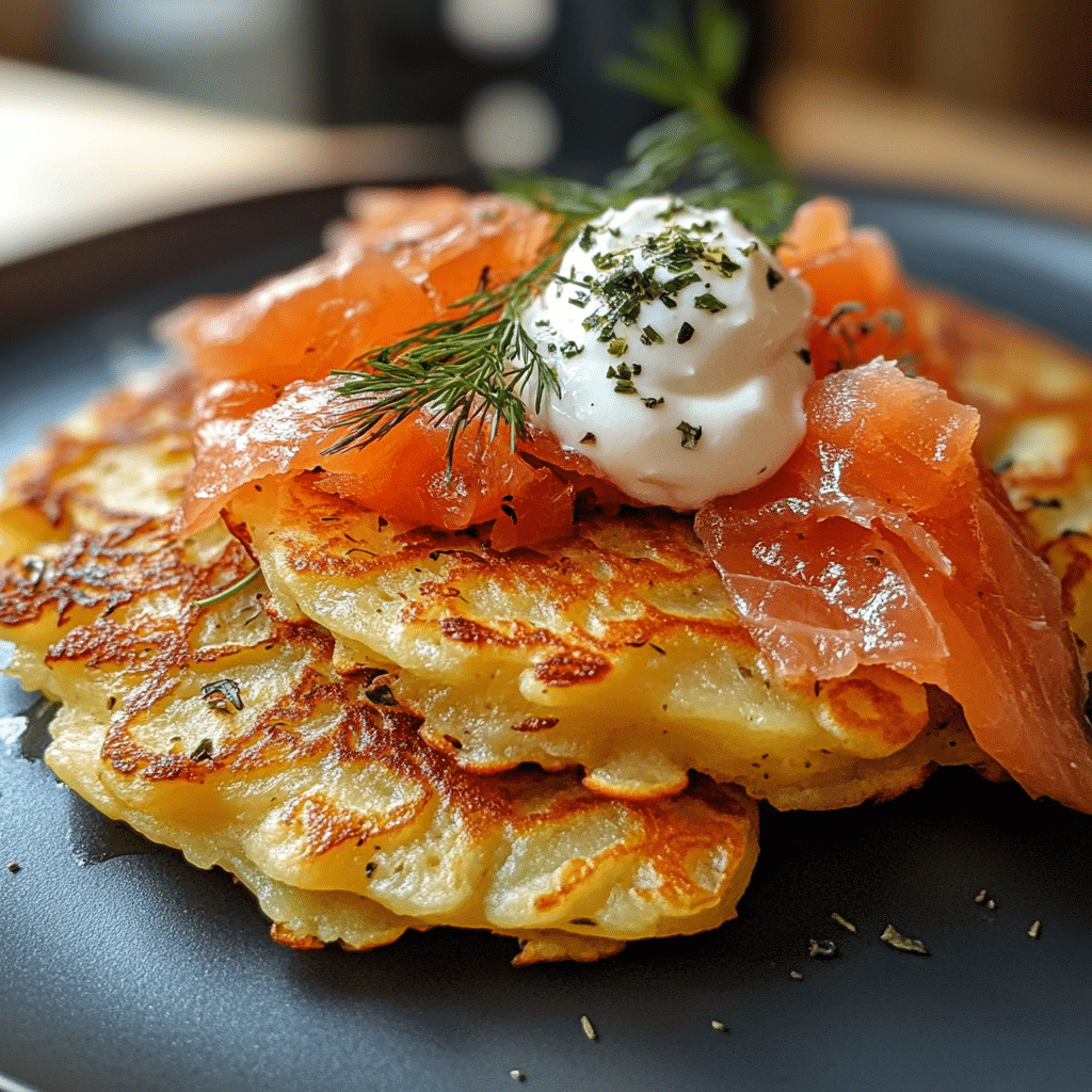 German Potato Pancakes served with smoked salmon and sour cream