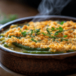 Keto Green Bean Casserole with almond flour topping