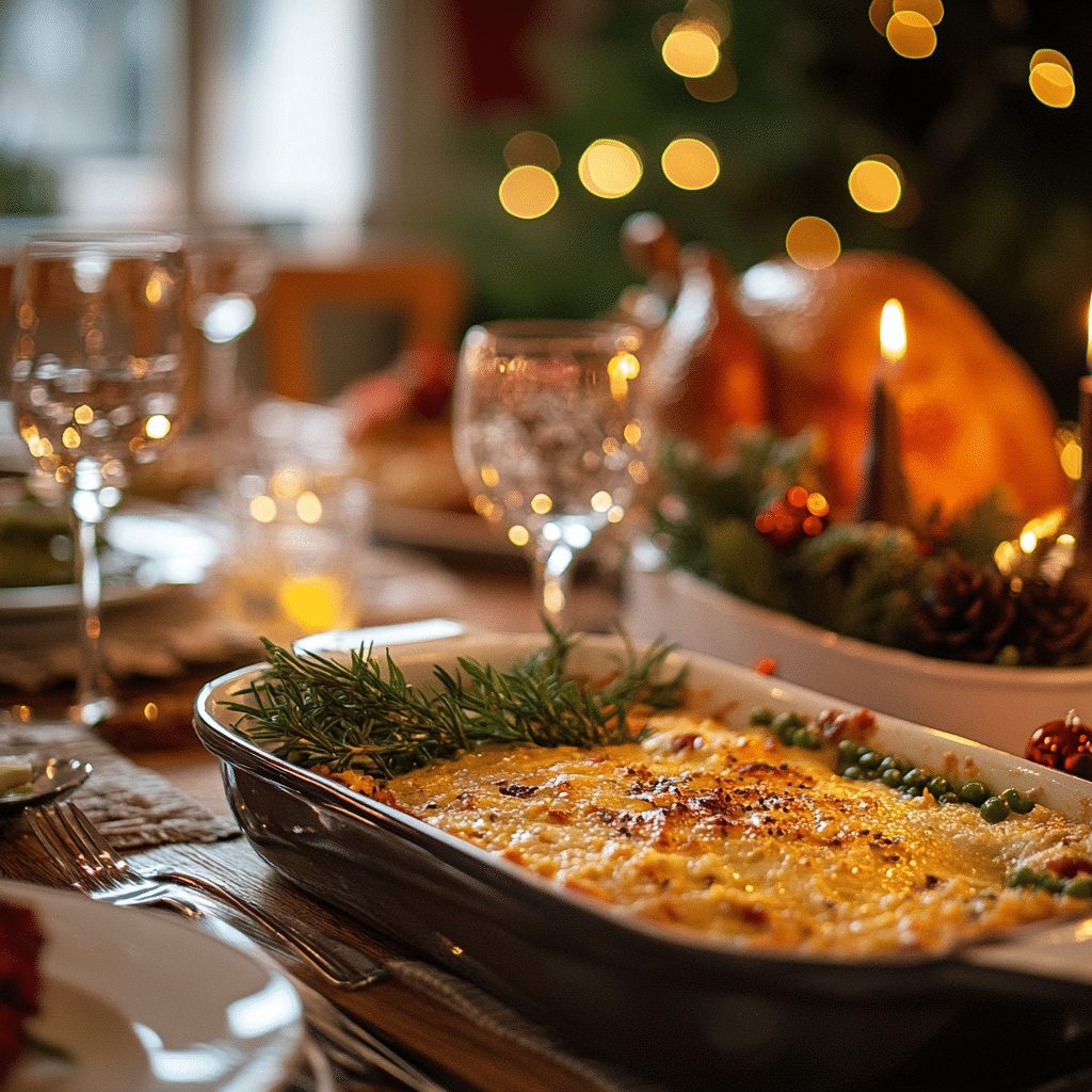 Keto Green Bean Casserole on holiday dinner table