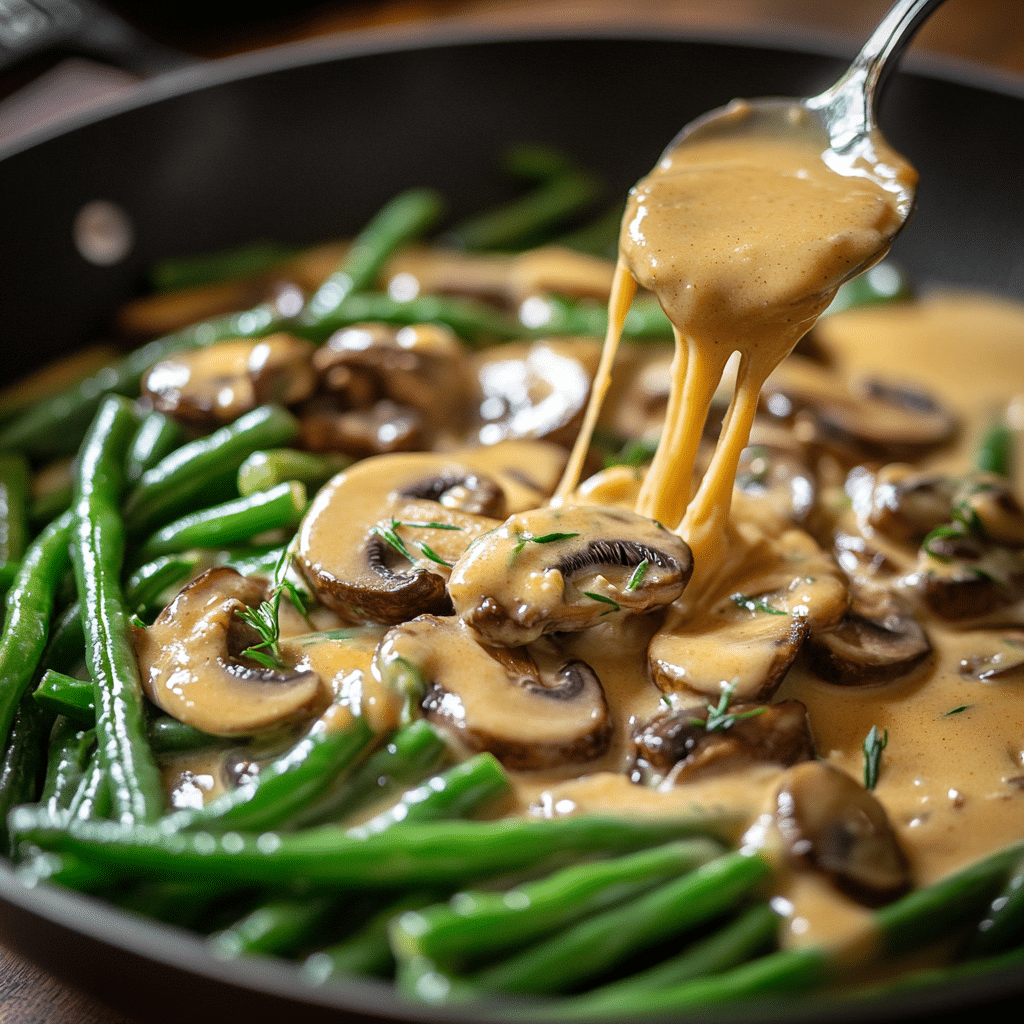 Pouring keto mushroom sauce into green bean casserole