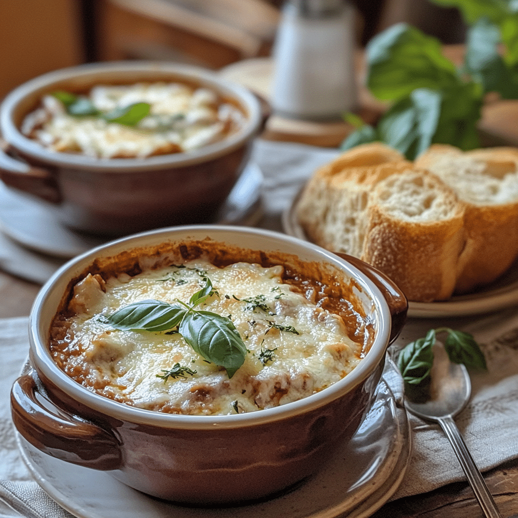 Bowl of crockpot lasagna soup served with garlic bread