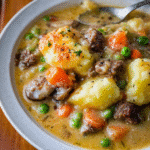 Close-up of a creamy Shepherd’s Pie Soup with mashed potatoes, vegetables, and ground meat, garnished with fresh herbs