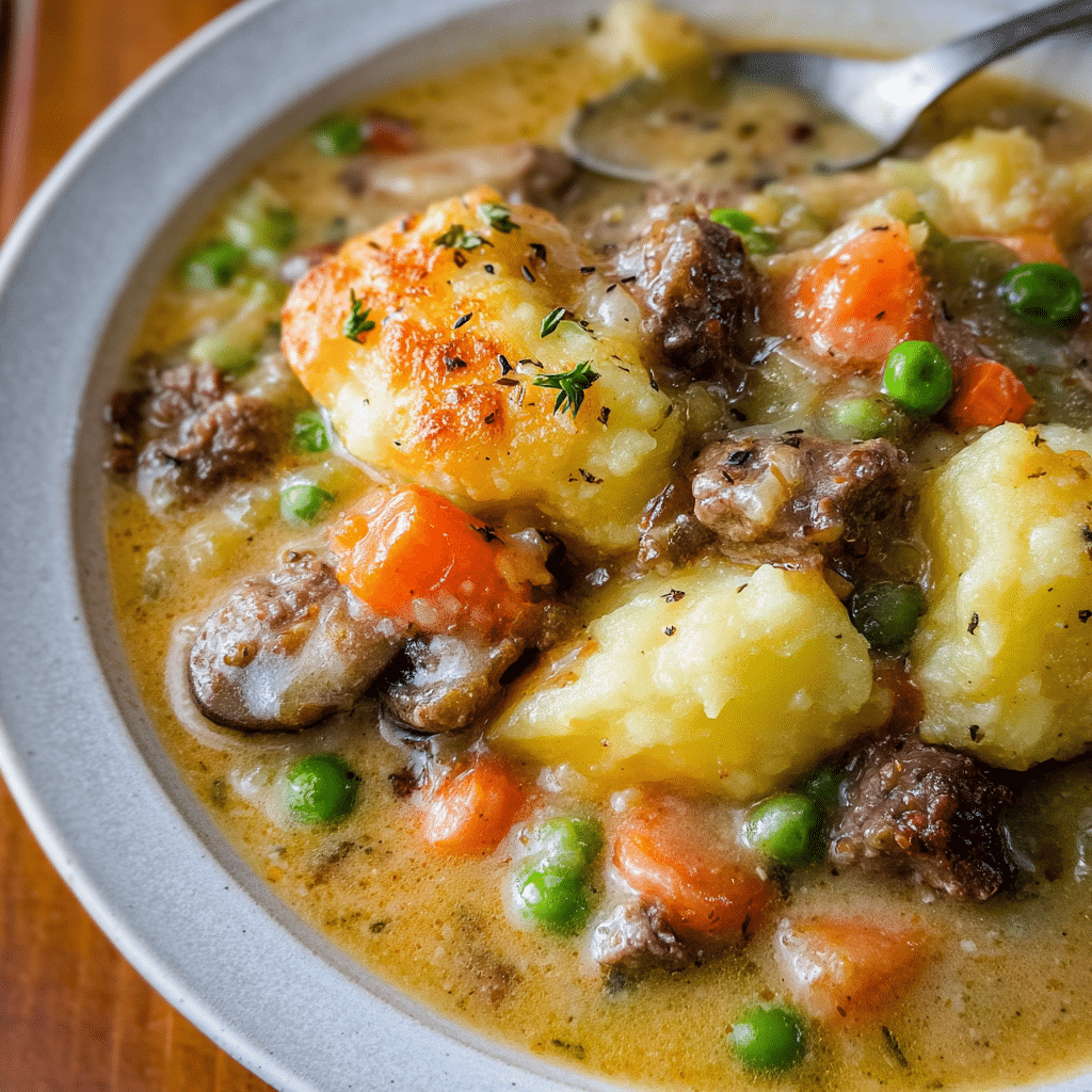Close-up of a creamy Shepherd’s Pie Soup with mashed potatoes, vegetables, and ground meat, garnished with fresh herbs
