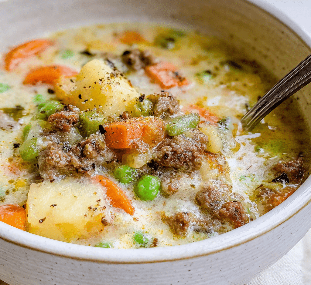 A bowl of creamy Shepherd’s Pie Soup filled with mashed potatoes, vegetables, and ground meat, topped with fresh parsley.