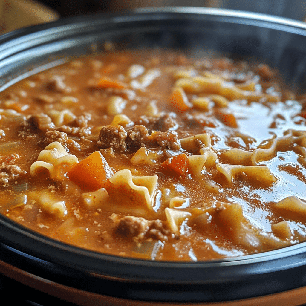 Crockpot filled with lasagna soup simmering to perfection