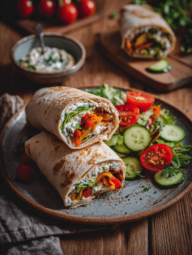 Cottage cheese wrap served with salad