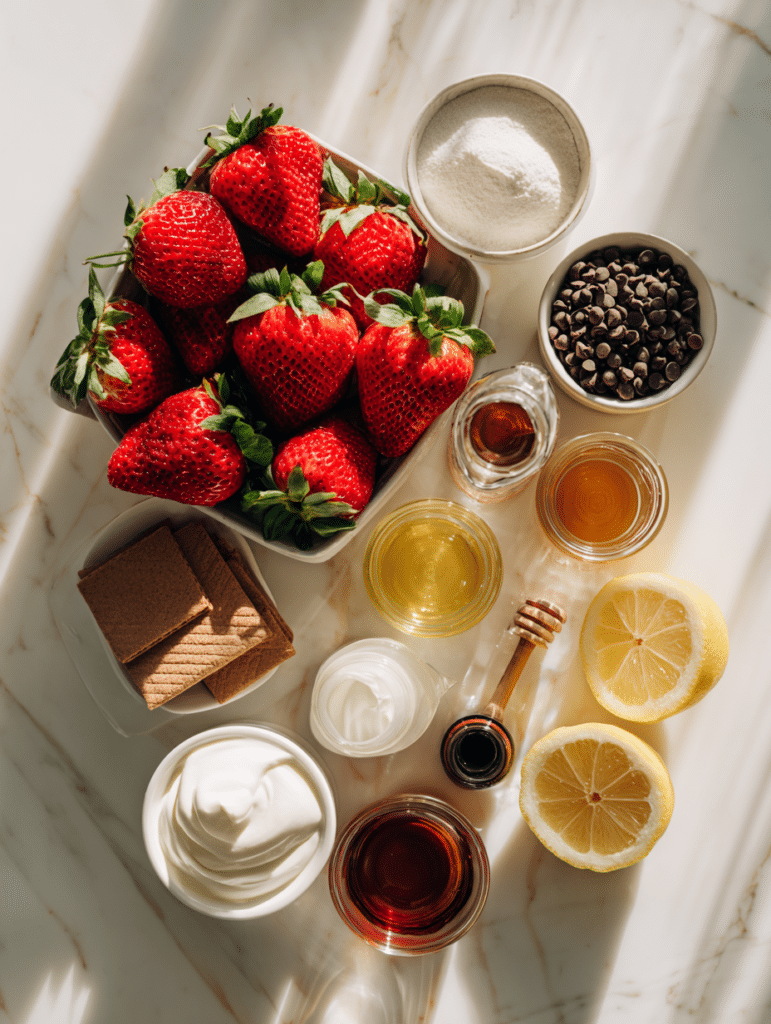 Fresh strawberries, cream, chocolate, and other ingredients for Valentine’s desserts.