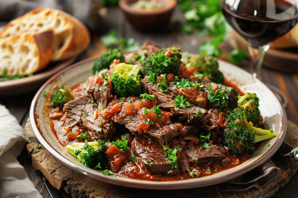 Italian Pot Roast with Broccoli (Stracotto) served on a rustic dinner table with red wine and bread, warm and inviting Italian comfort meal.