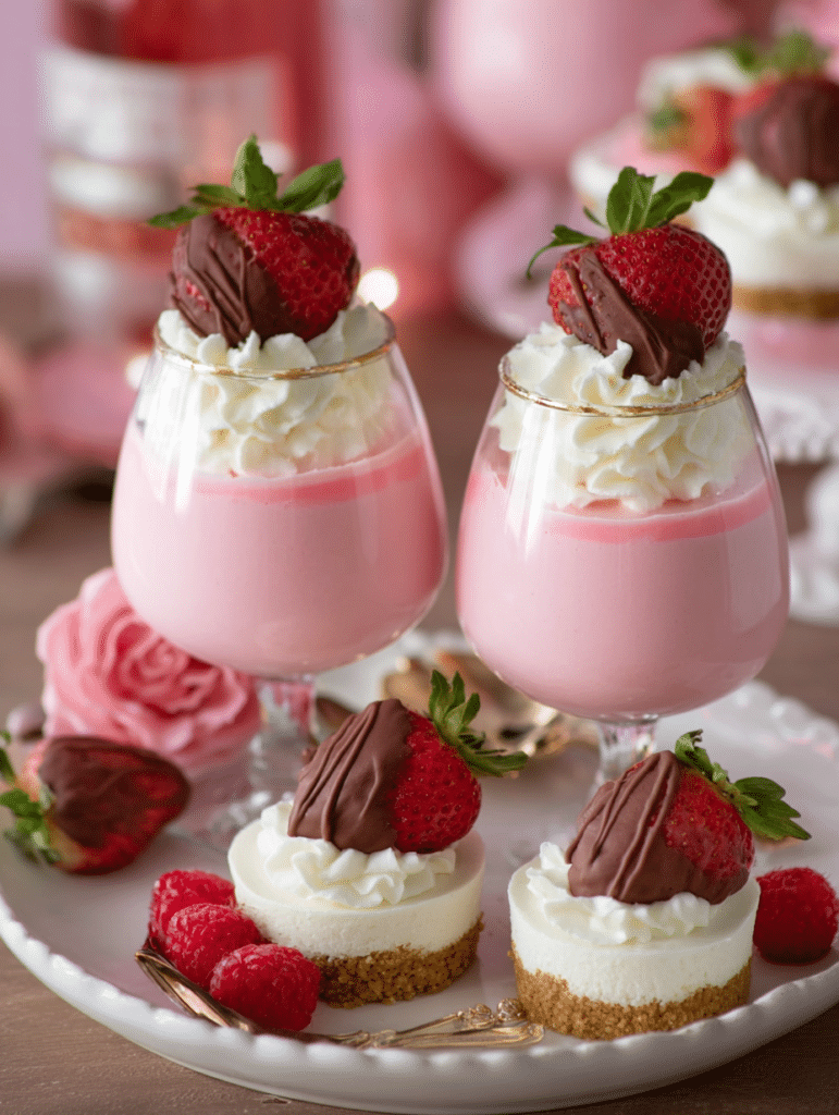Finished Valentine’s strawberry desserts served beautifully on a decorated table.