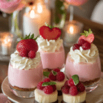 Valentine’s strawberry desserts displayed on a romantic table with flowers and candles.