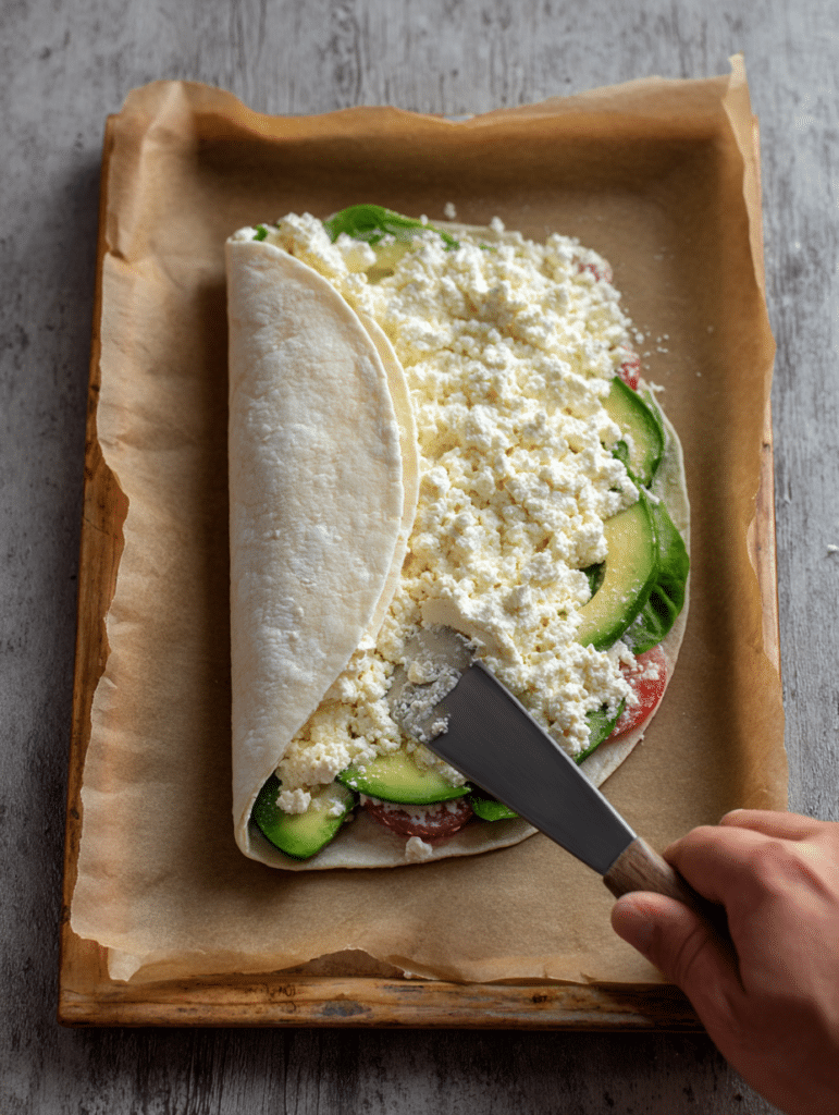 Spreading cottage cheese wrap batter on tray
