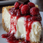 Slice of White Chocolate Raspberry Cheesecake Bliss Recipe with creamy white chocolate filling and vibrant raspberry swirl on graham cracker crust.