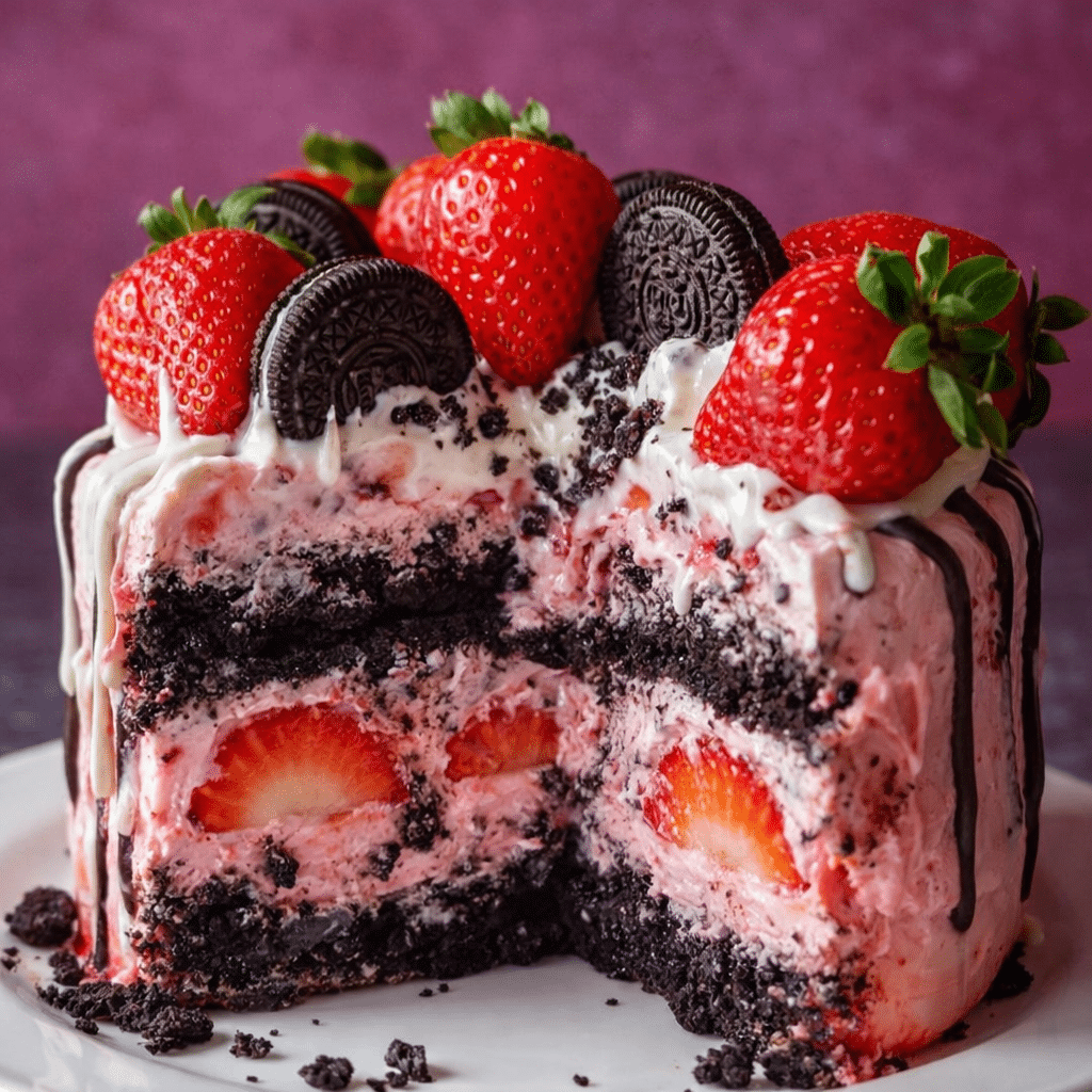Slice of Strawberry Oreo Cake with Cookies Cream Icing topped with crushed Oreo cookies